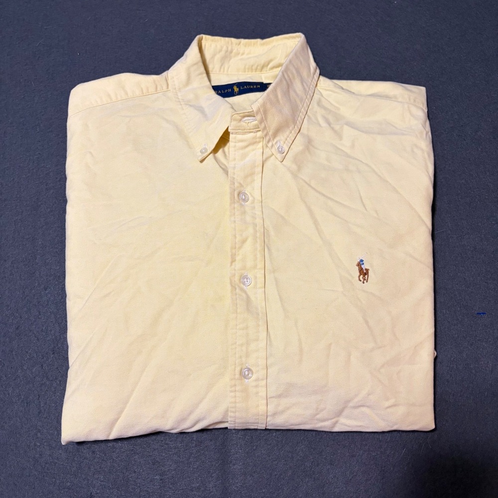 Ralph Lauren Button Down Shirt Men XL Yellow Cotton Logo Relaxed Fit Preppy Work